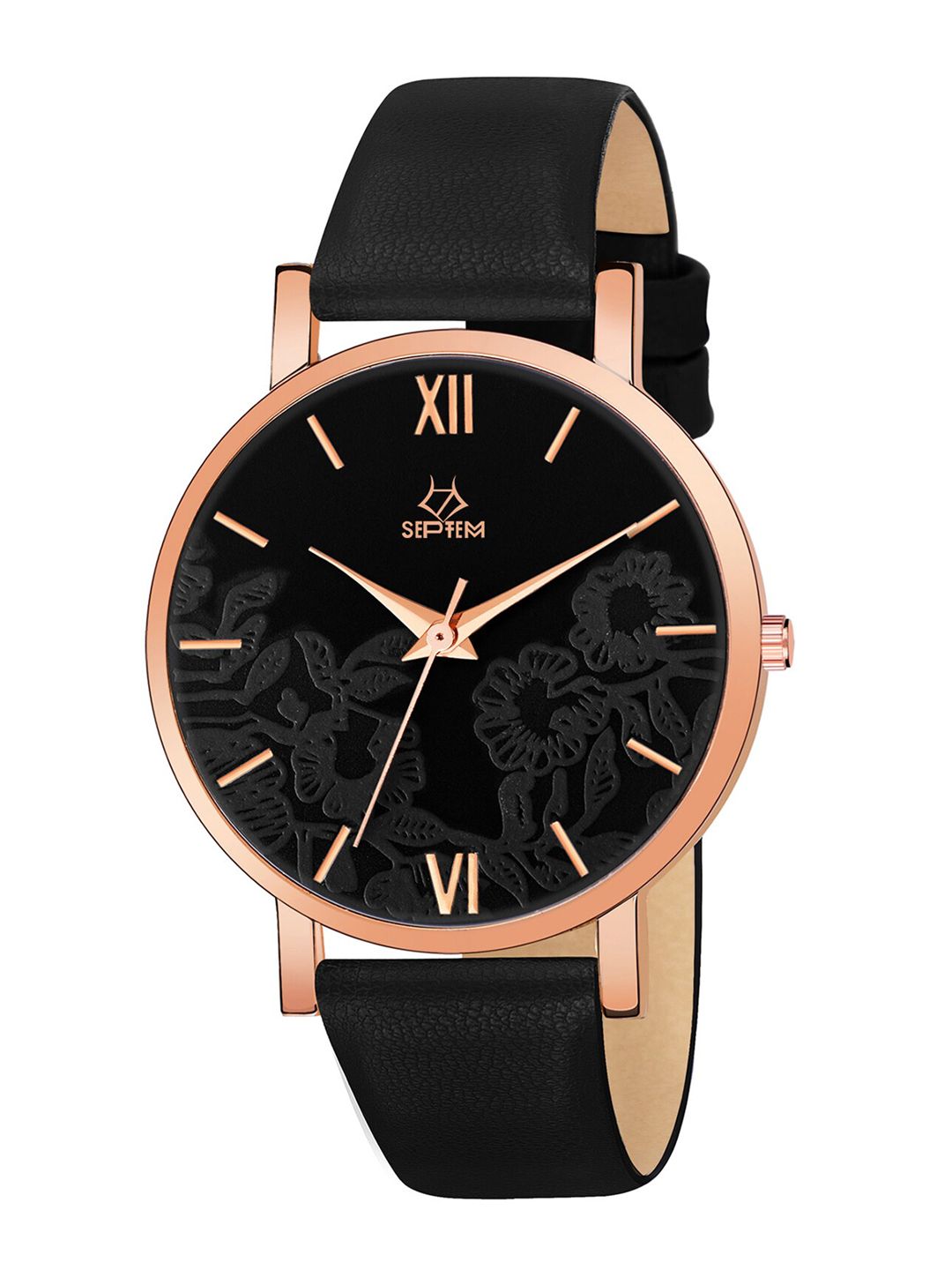 Septem Women Black Dial & Black Leather Bracelet Style Straps Analogue Watch SP-118-Black-Septem Price in India