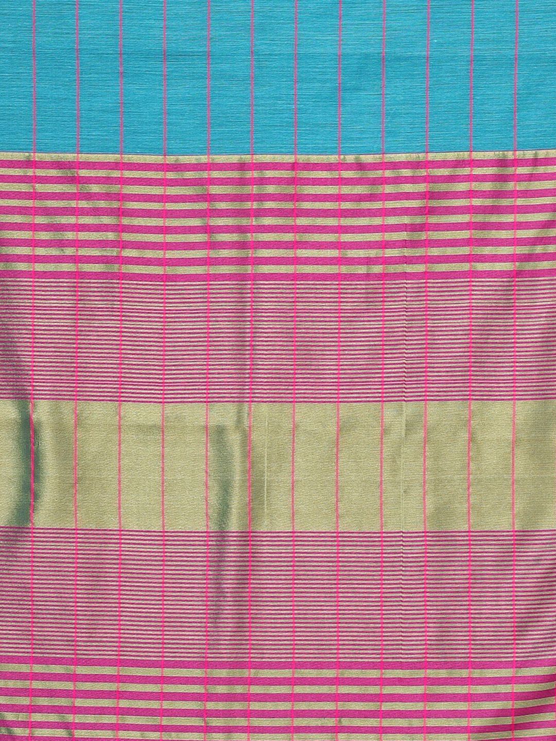 Mitera Turquoise Blue & Pink Striped Zari Kanjeevaram Saree Price in India