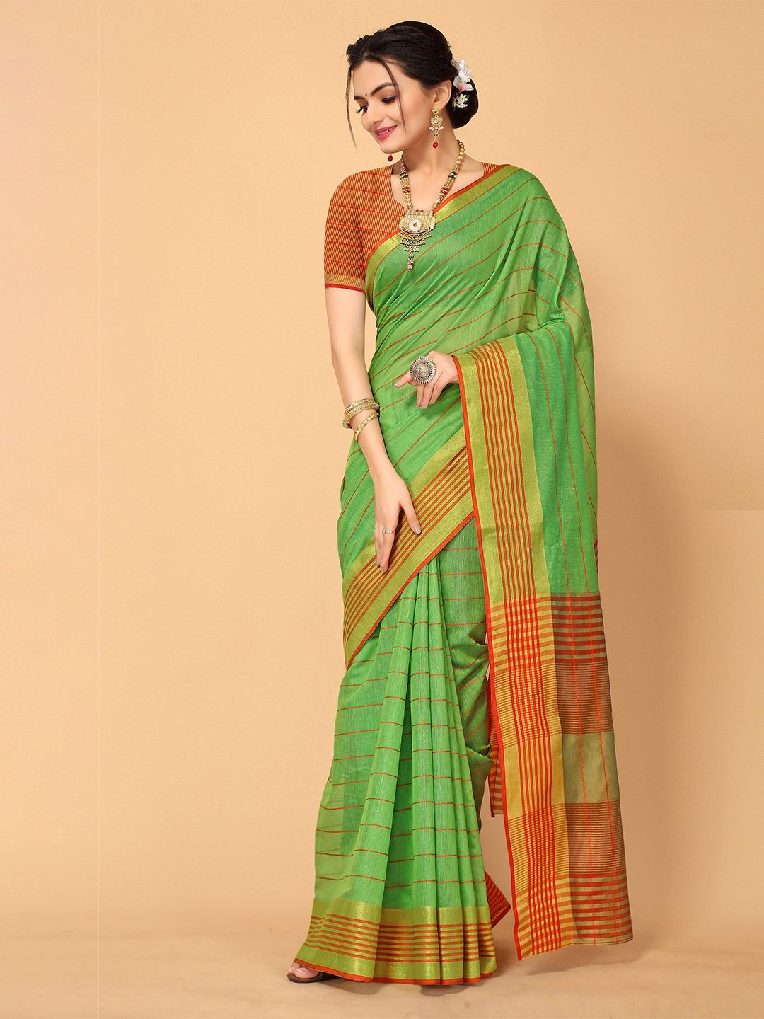 Mitera Green & Gold-Toned Striped Kanjeevaram Saree Price in India