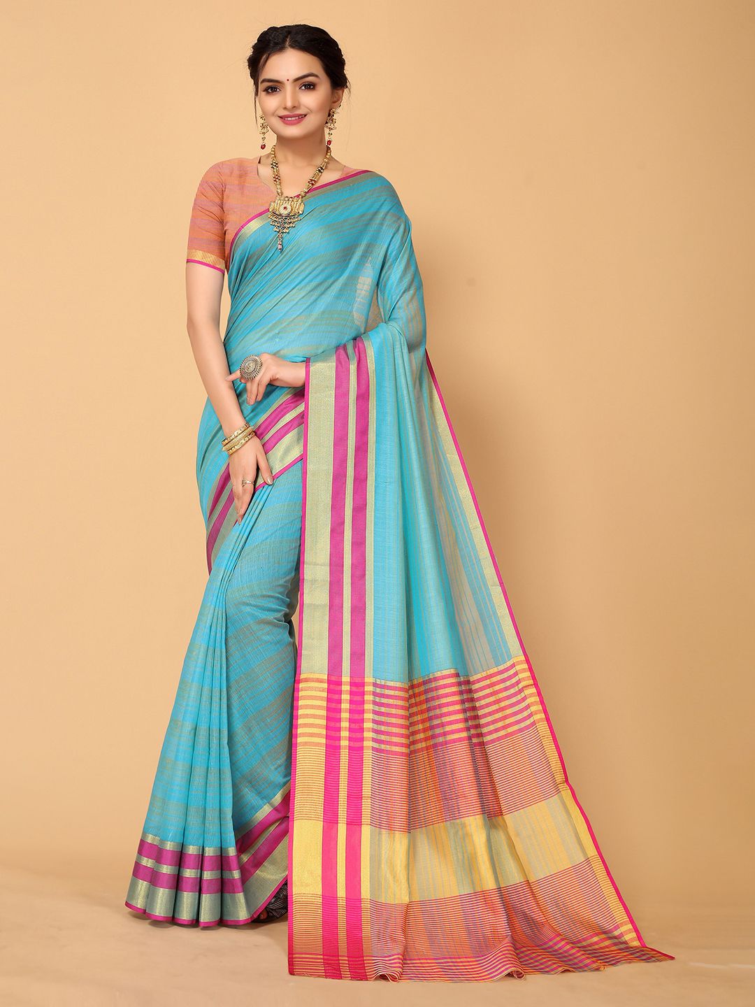 Mitera Turquoise Blue & Gold-Toned Striped Zari Kanjeevaram Saree Price in India