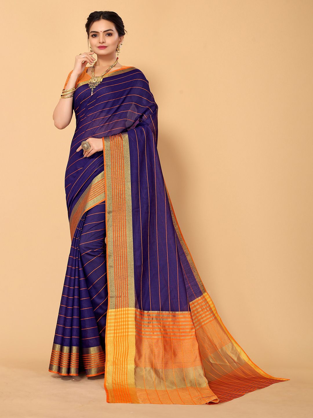 Mitera Navy Blue & Orange Striped Zari Kanjeevaram Saree Price in India