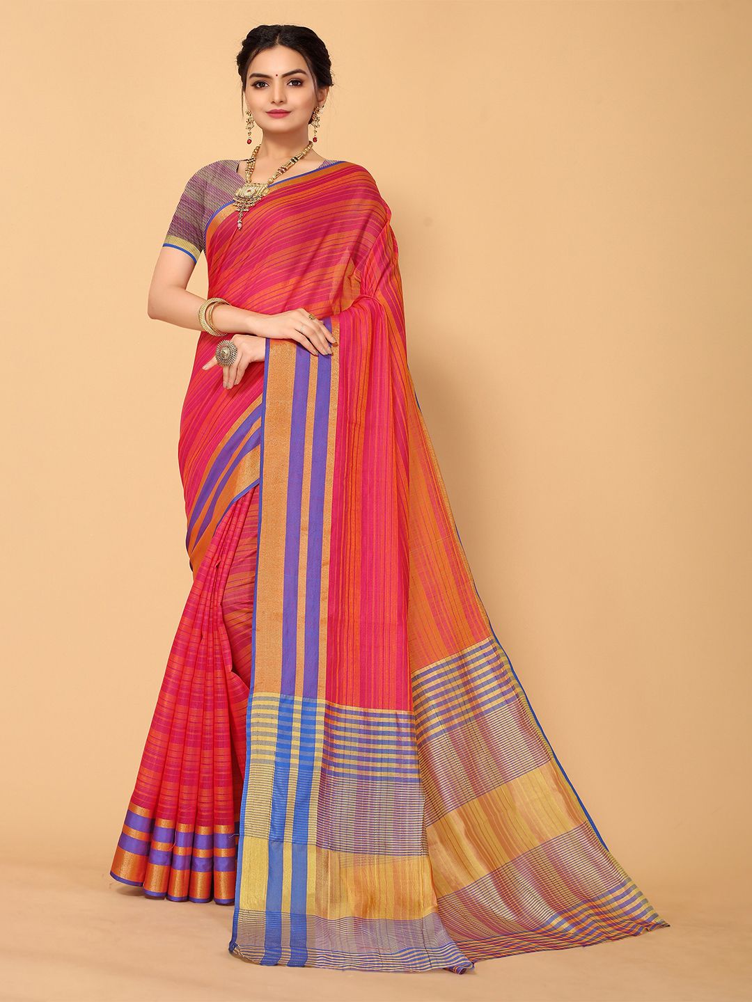 Mitera Pink & Blue Striped Zari Kanjeevaram Saree Price in India