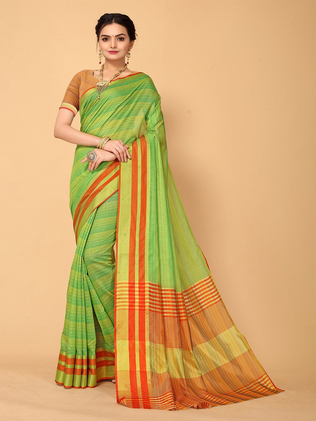 Mitera Green & Red Striped Zari Kanjeevaram Saree Price in India