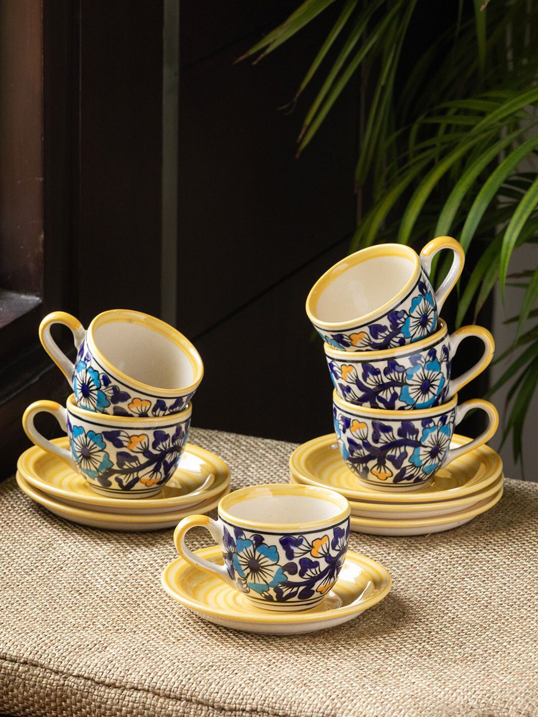 ExclusiveLane Set Of 6 Yellow & Blue Floral Printed Ceramic Glossy Cups and Saucers Price in India