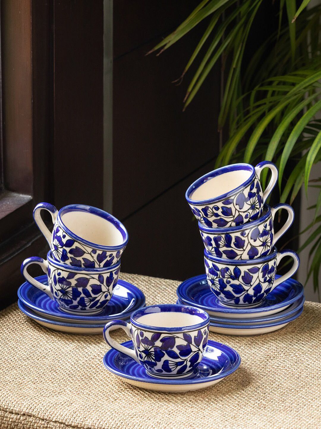 ExclusiveLane Navy Blue & White Floral Printed Ceramic Glossy Cups and Saucers Set of Cups and Mugs Price in India
