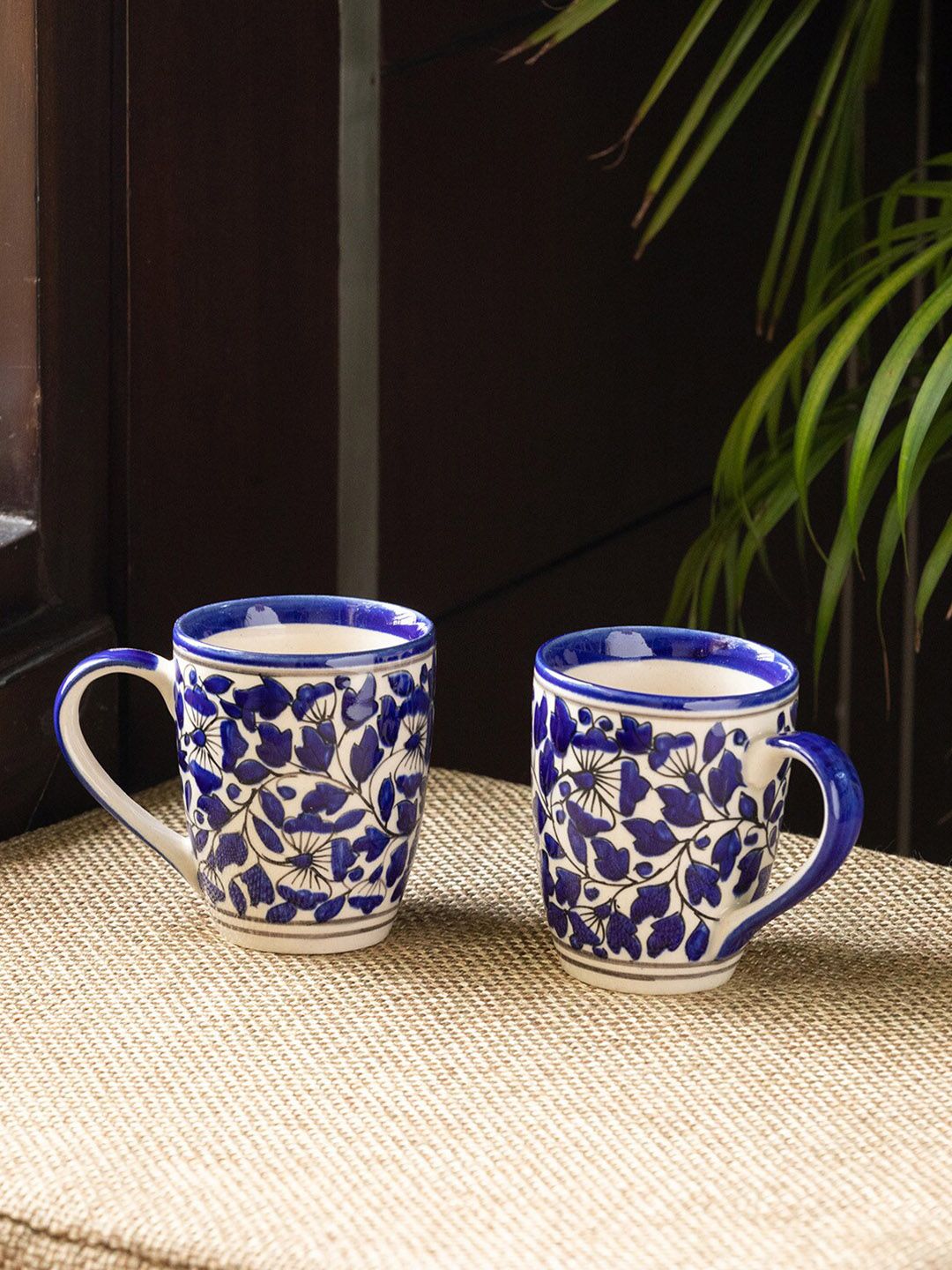 ExclusiveLane Navy Blue & White Floral Printed Ceramic Glossy Mugs Set of Cups and Mugs Price in India