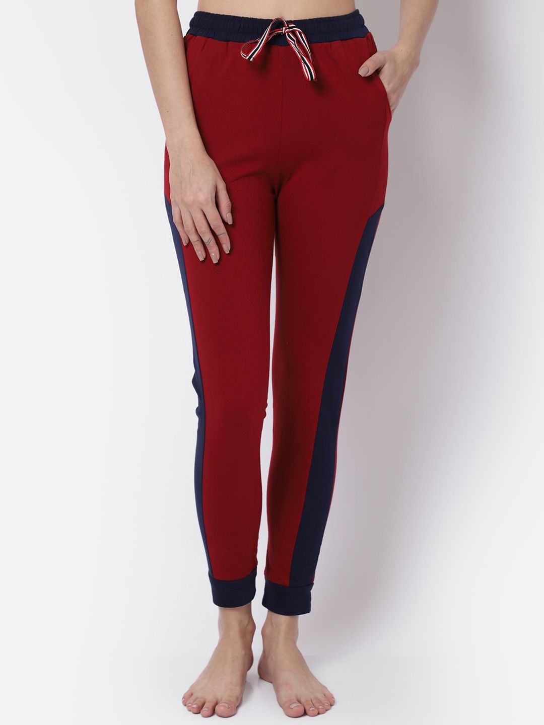 Claura Women Maroon & Navy Blue Solid Pure Cotton Lounge Joggers Price in India