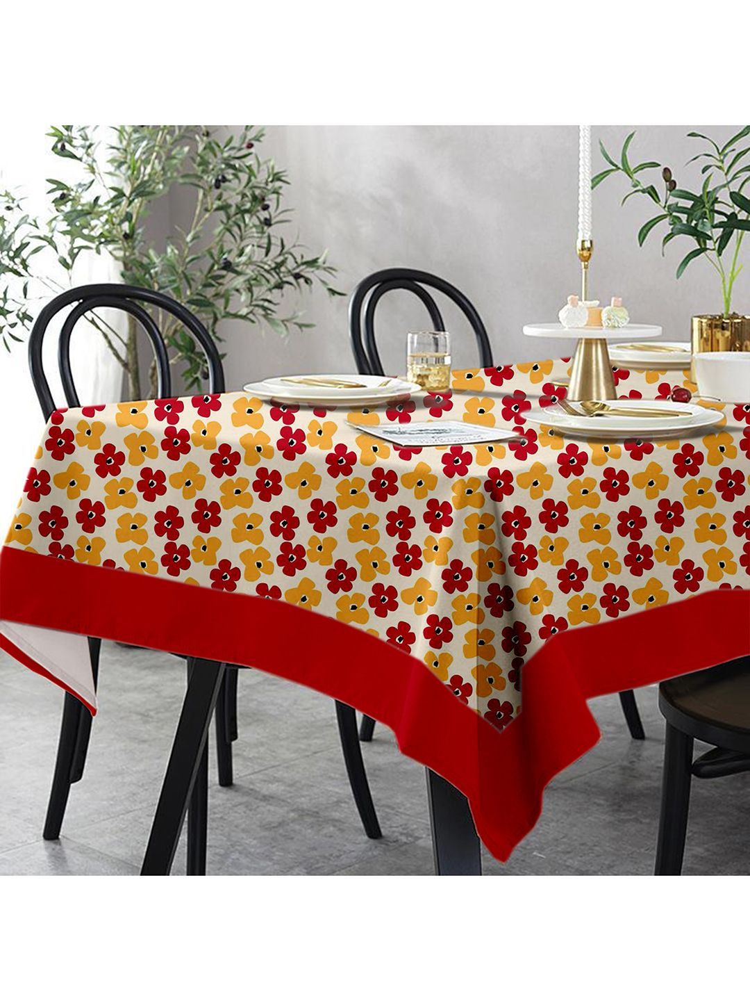 Lushomes White & Red Printed Linen Table Cloth Price in India