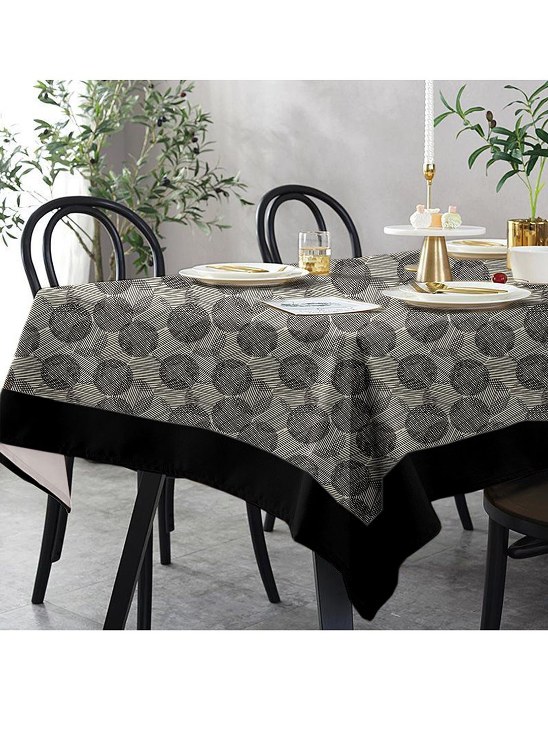 Lushomes Black & Grey 6 Seater Regular Geometric Printed Dining Table Cover Price in India