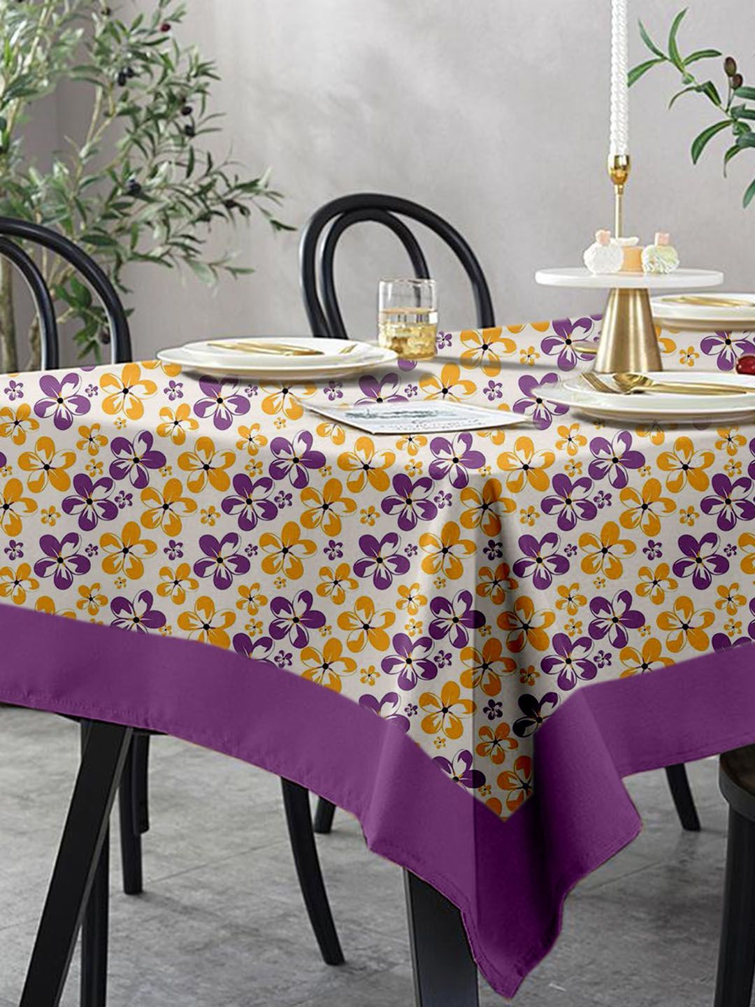 Lushomes Purple 6 Seater Printed Linen Table Cloth Price in India