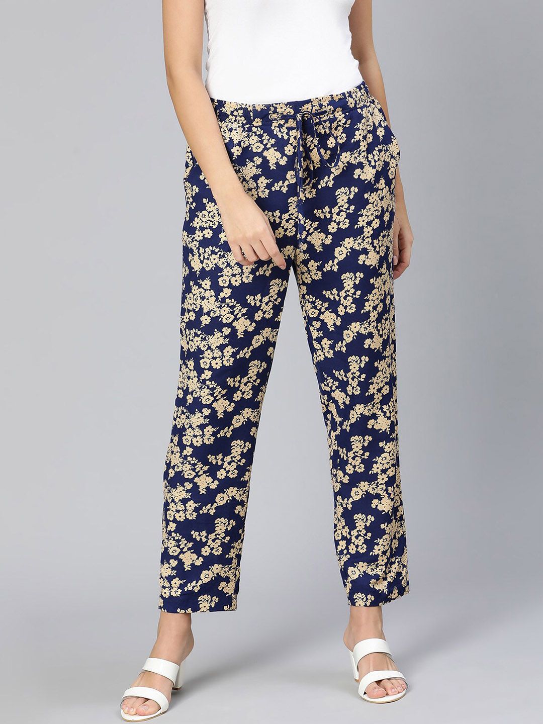 Oxolloxo Women Navy Blue Ethnic Motifs Printed Trousers Price in India