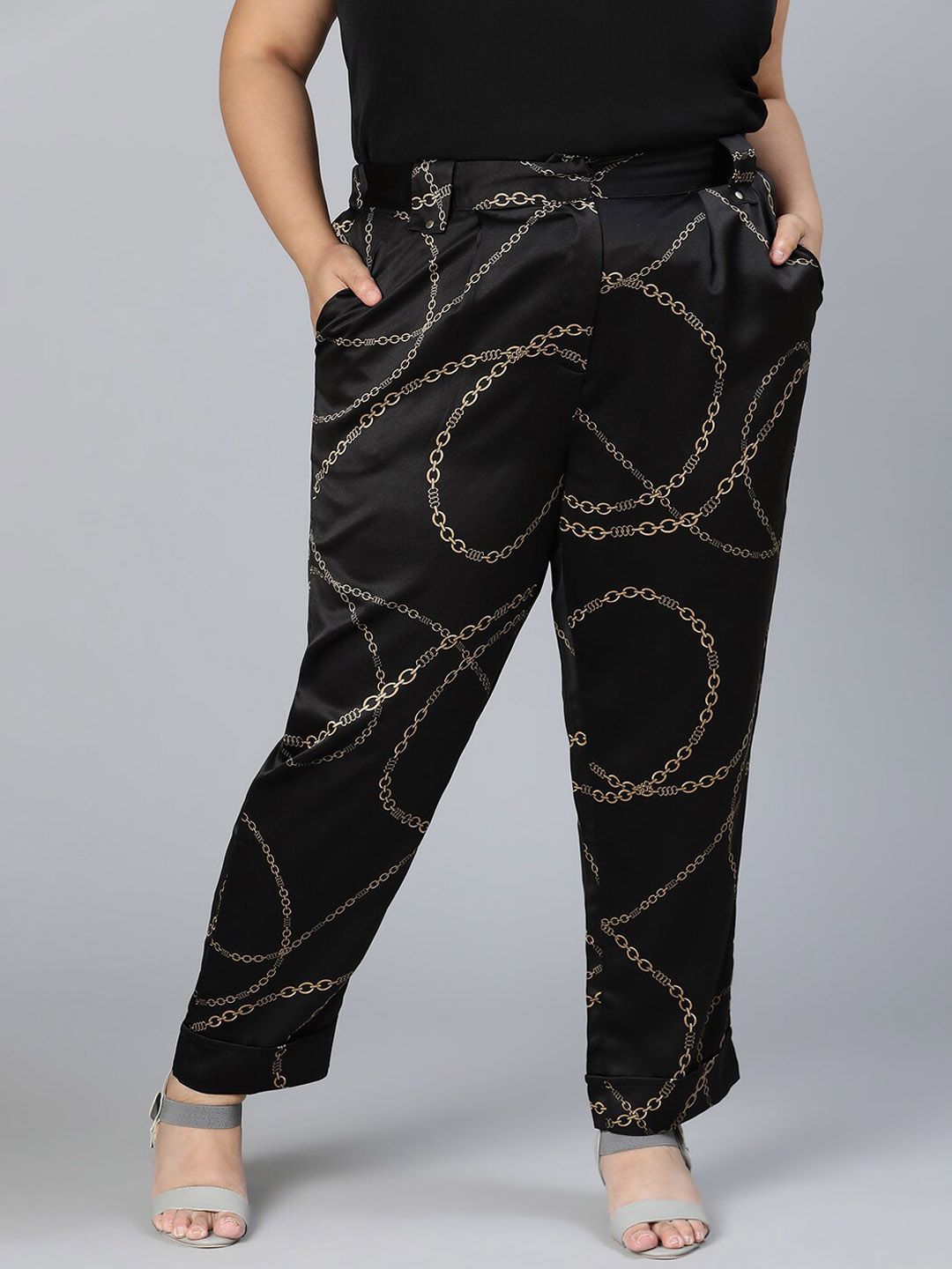 Oxolloxo Women Black Printed High-Rise Trousers Price in India