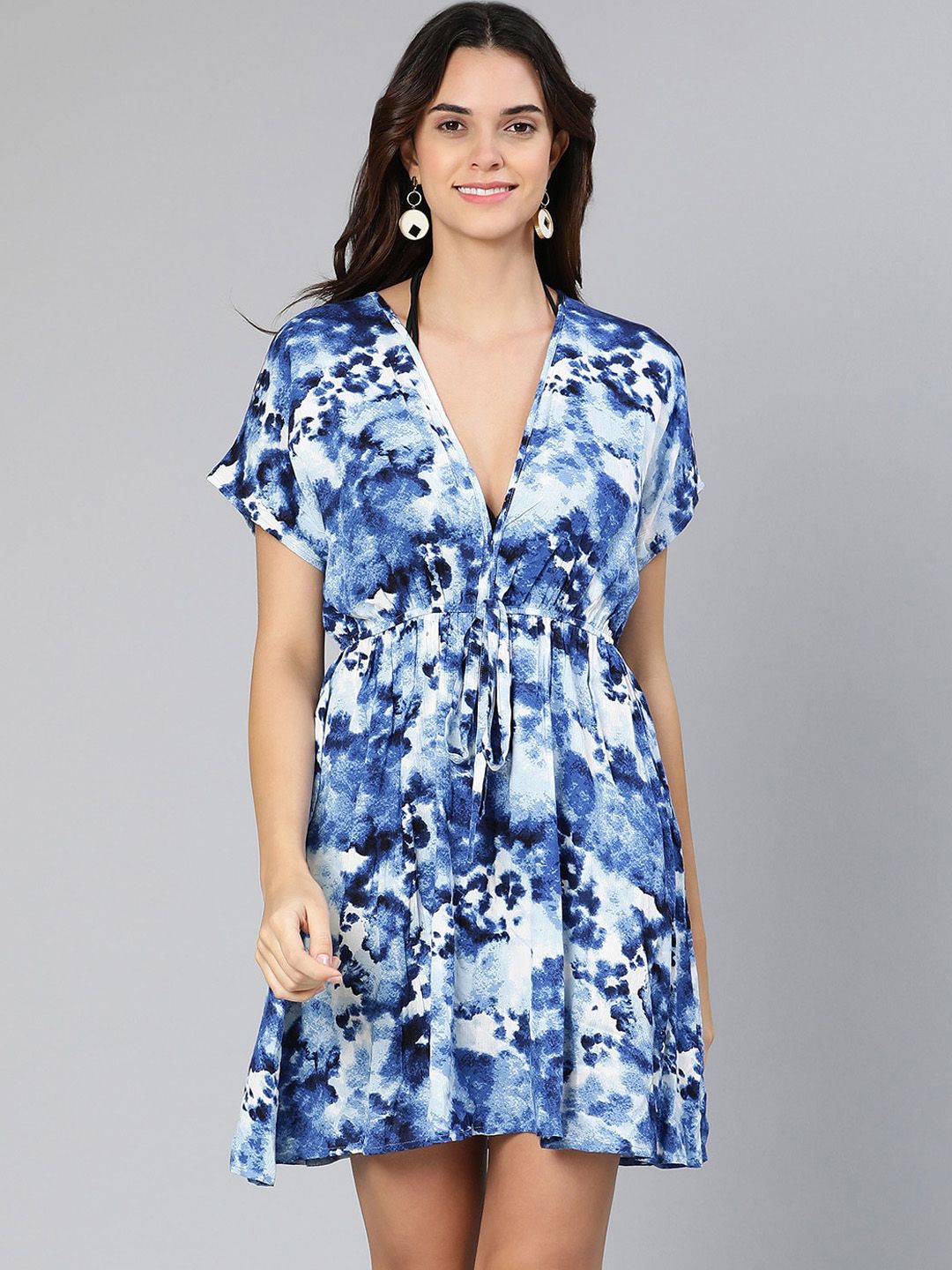 Oxolloxo Women Blue & White Printed Cover-Up Dress Price in India