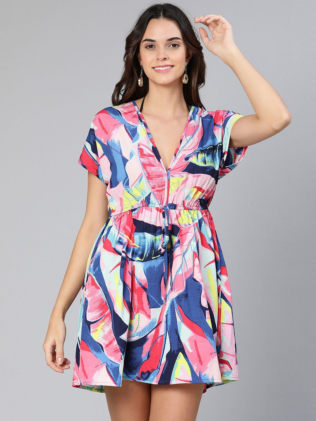 Oxolloxo Women Blue & Pink Printed Cover-Up Swim Dress Price in India