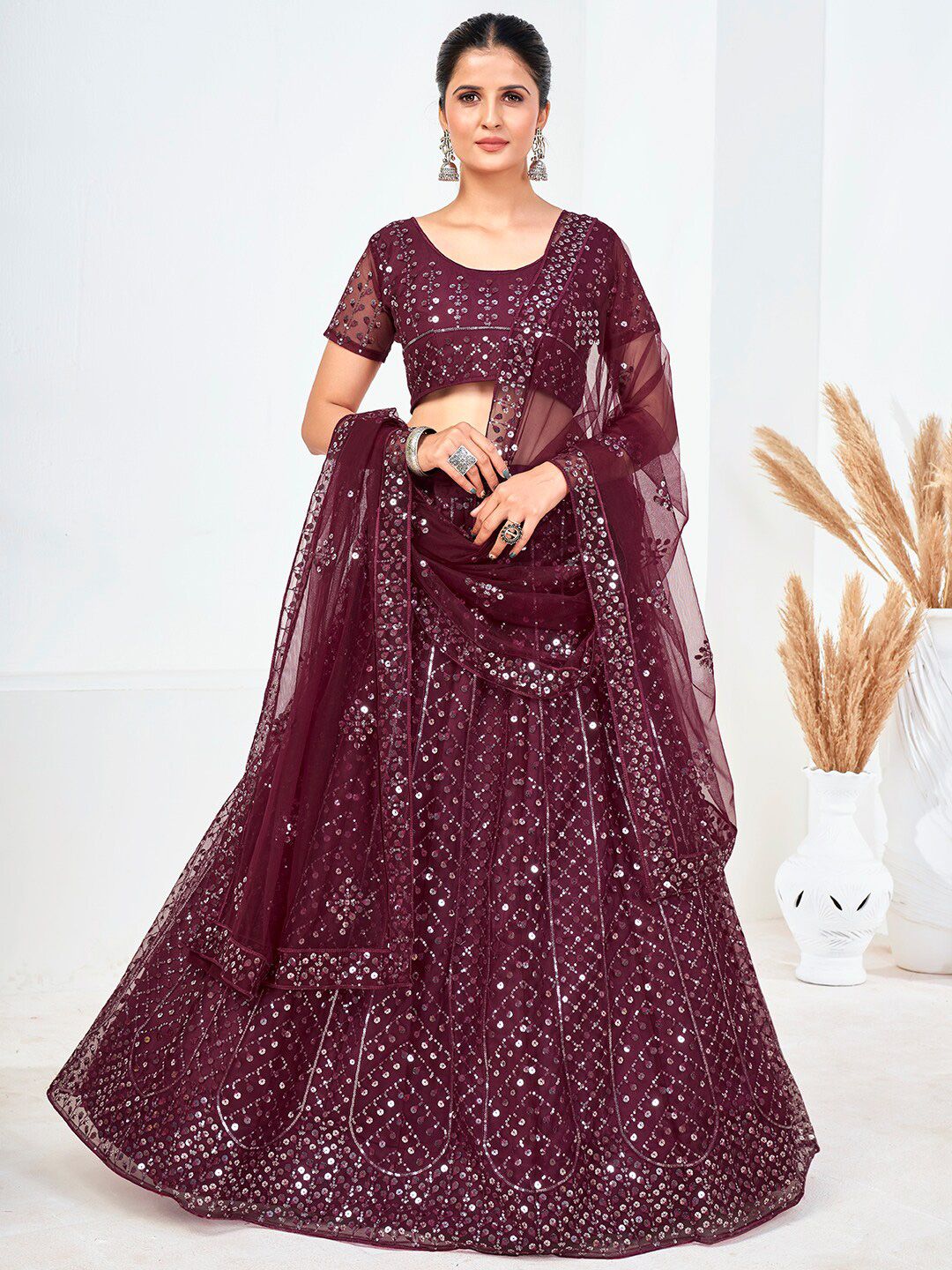 SHOPGARB Purple Embellished Sequinned Semi-Stitched Lehenga & Unstitched Blouse With Dupatta Price in India