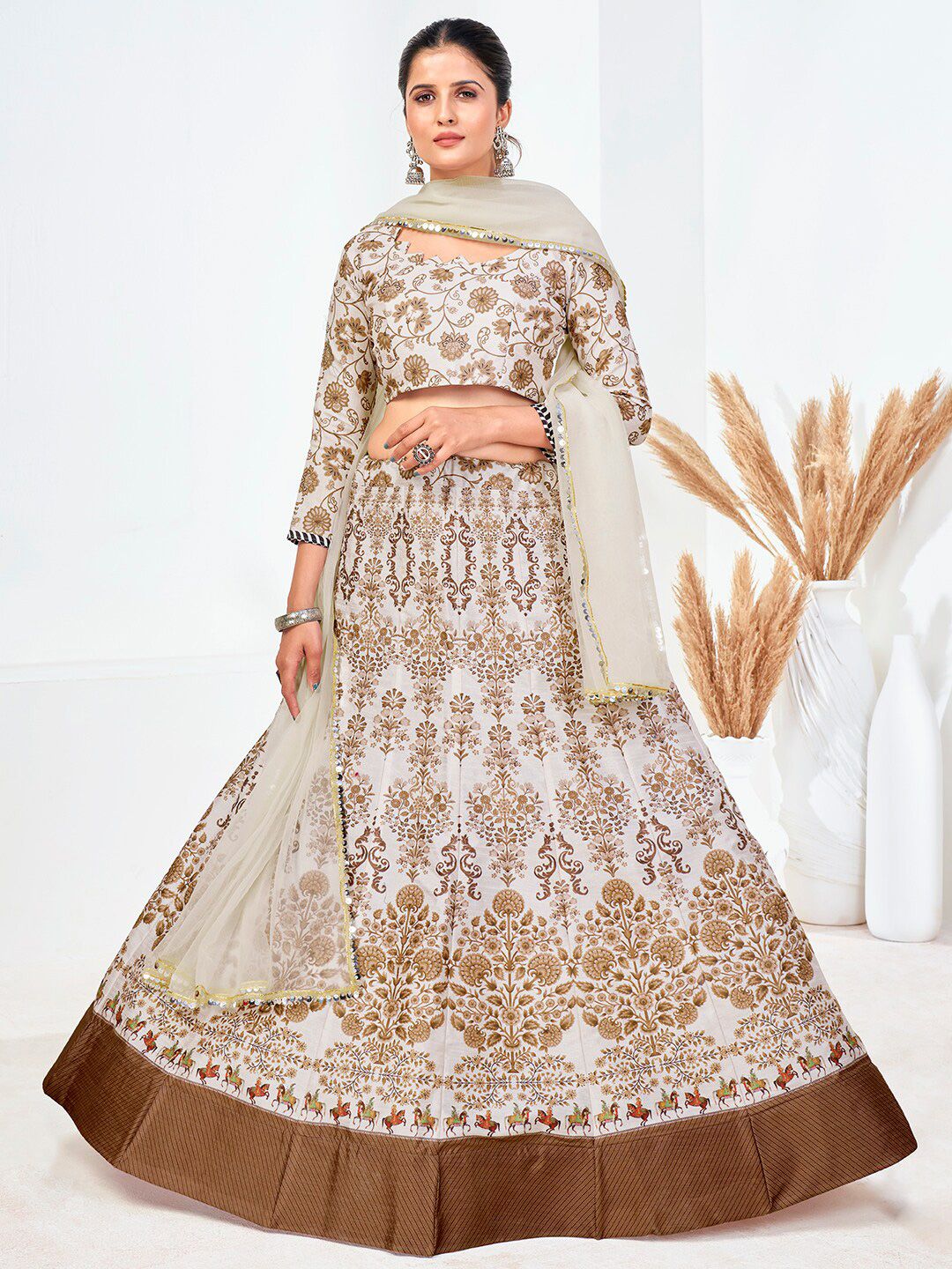 SHOPGARB White & Brown Embellished Semi-Stitched Lehenga & Unstitched Blouse With Dupatta Price in India