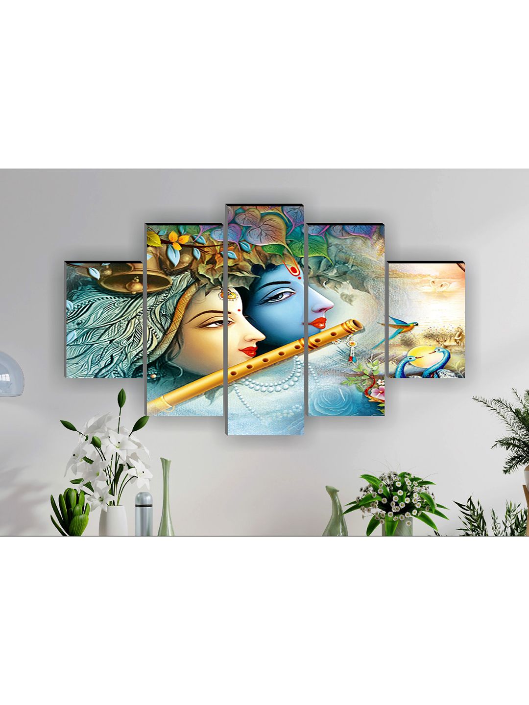 SAF Set Of 5 Blue & Green Radha Krishna Painted Wall Decor Price in India