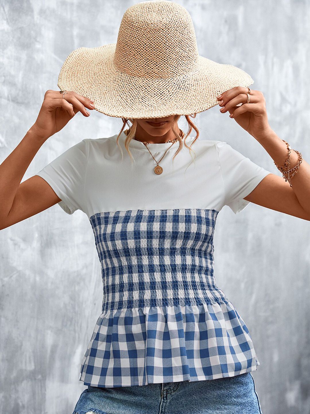 BoStreet Blue Checked Peplum Top