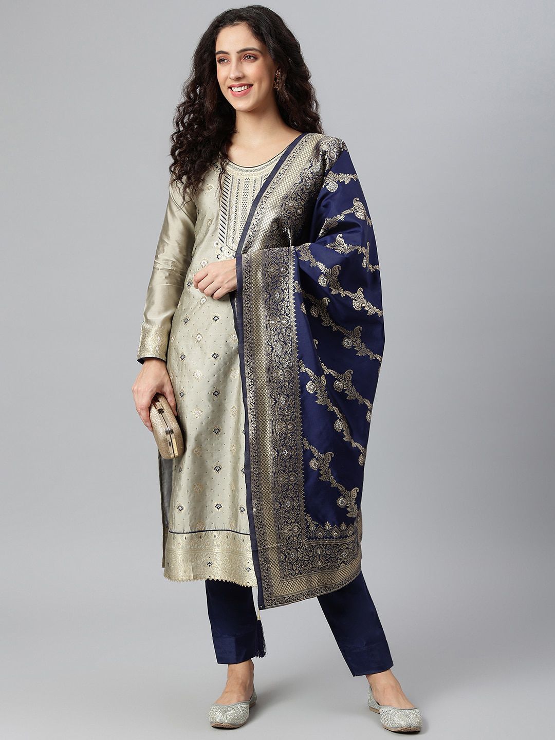 Lilots Grey & Blue Unstitched Dress Material Price in India
