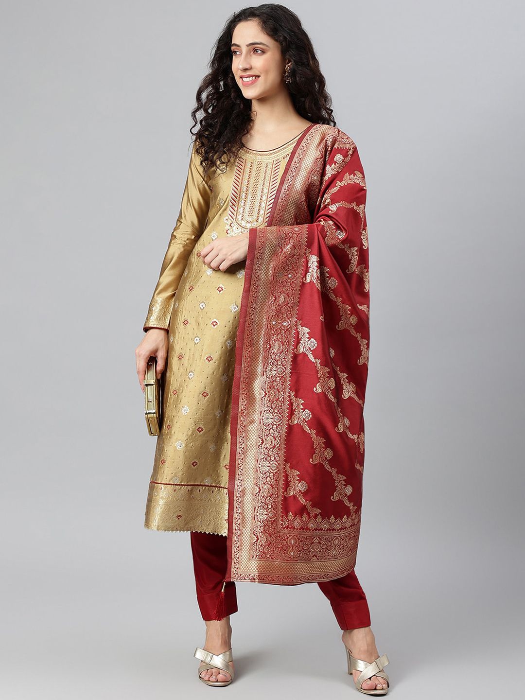 Lilots Beige & Maroon Unstitched Dress Material Price in India