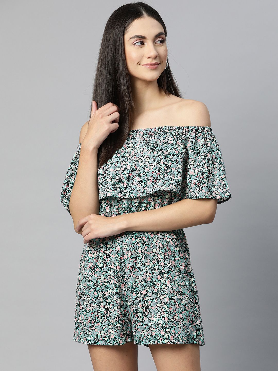 SIRIKIT Black & Blue Off-Shoulder Floral Printed Jumpsuit Price in India