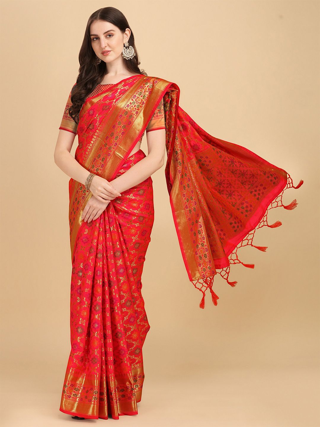awesome Red & Gold-Toned Woven Design Zari Pure Silk Banarasi Saree