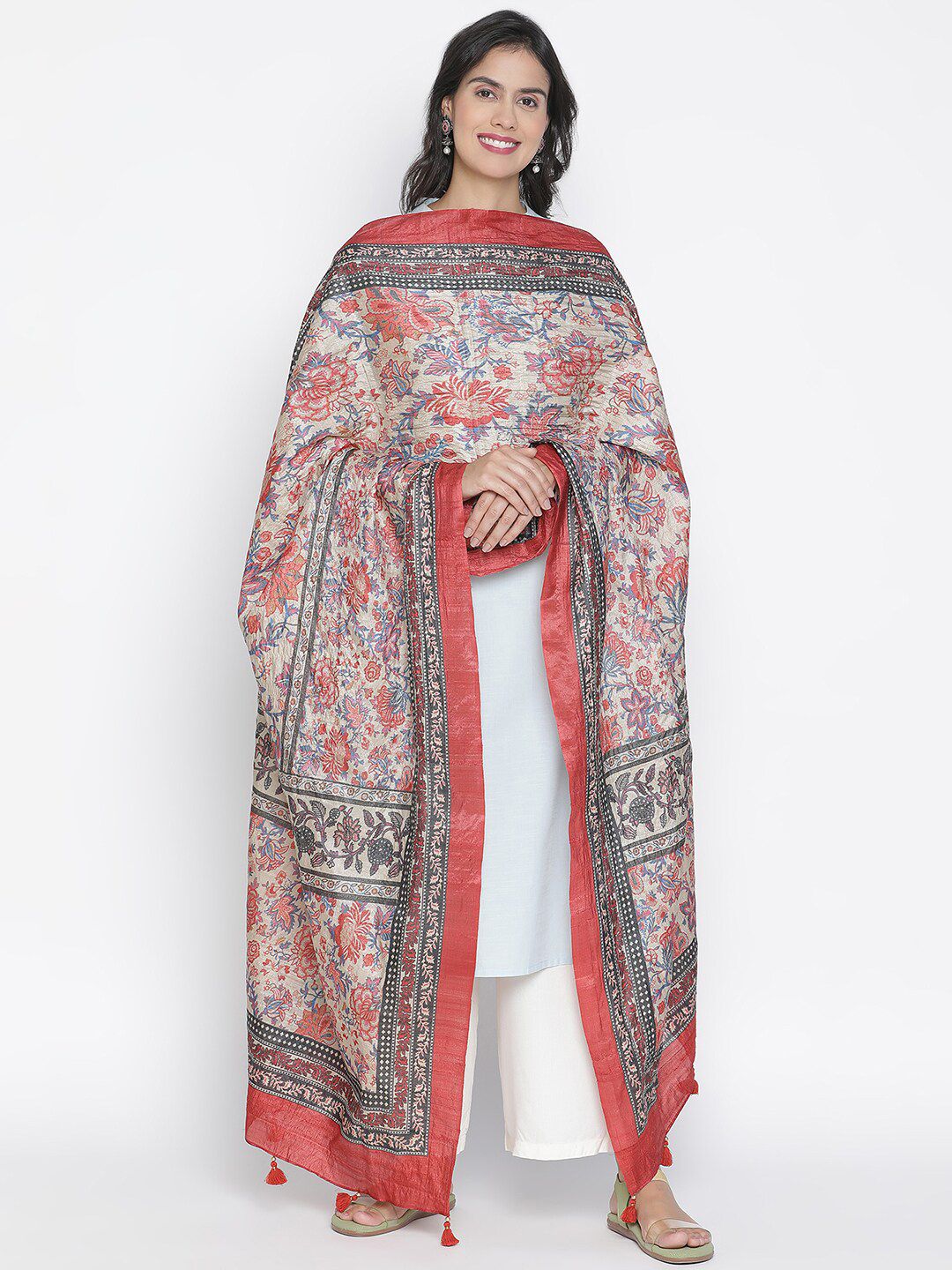 SHINGORA Beige & Red Printed Pure Silk Dupatta