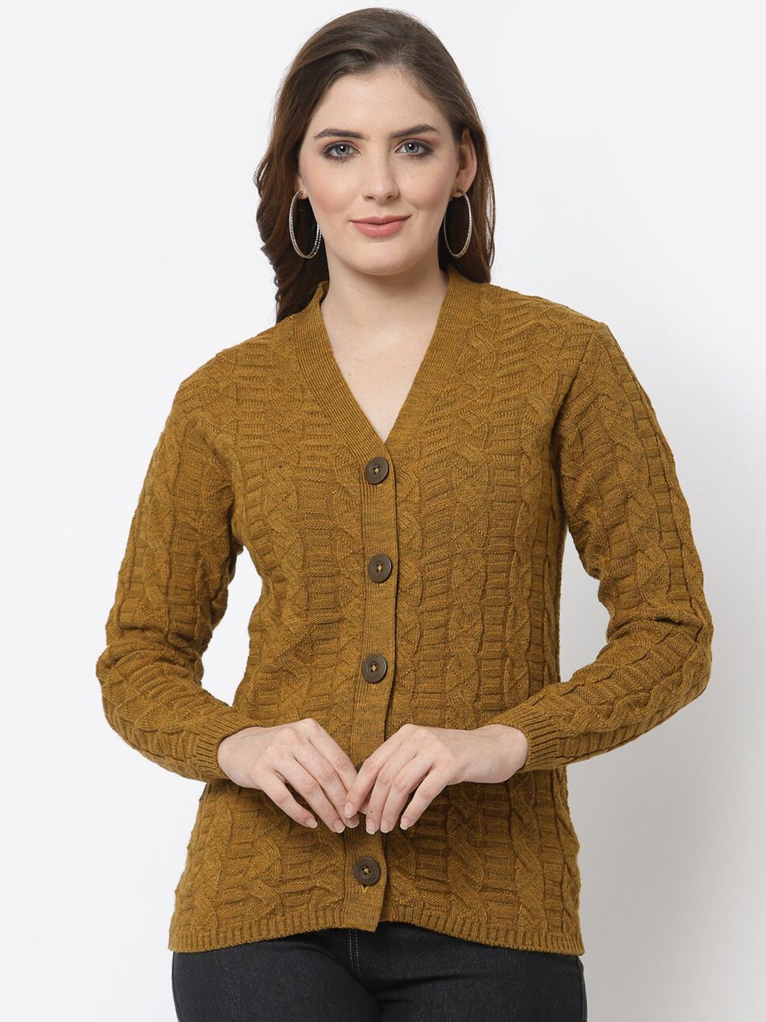 Kalt Women Mustard Cable Knit Cardigan Price in India