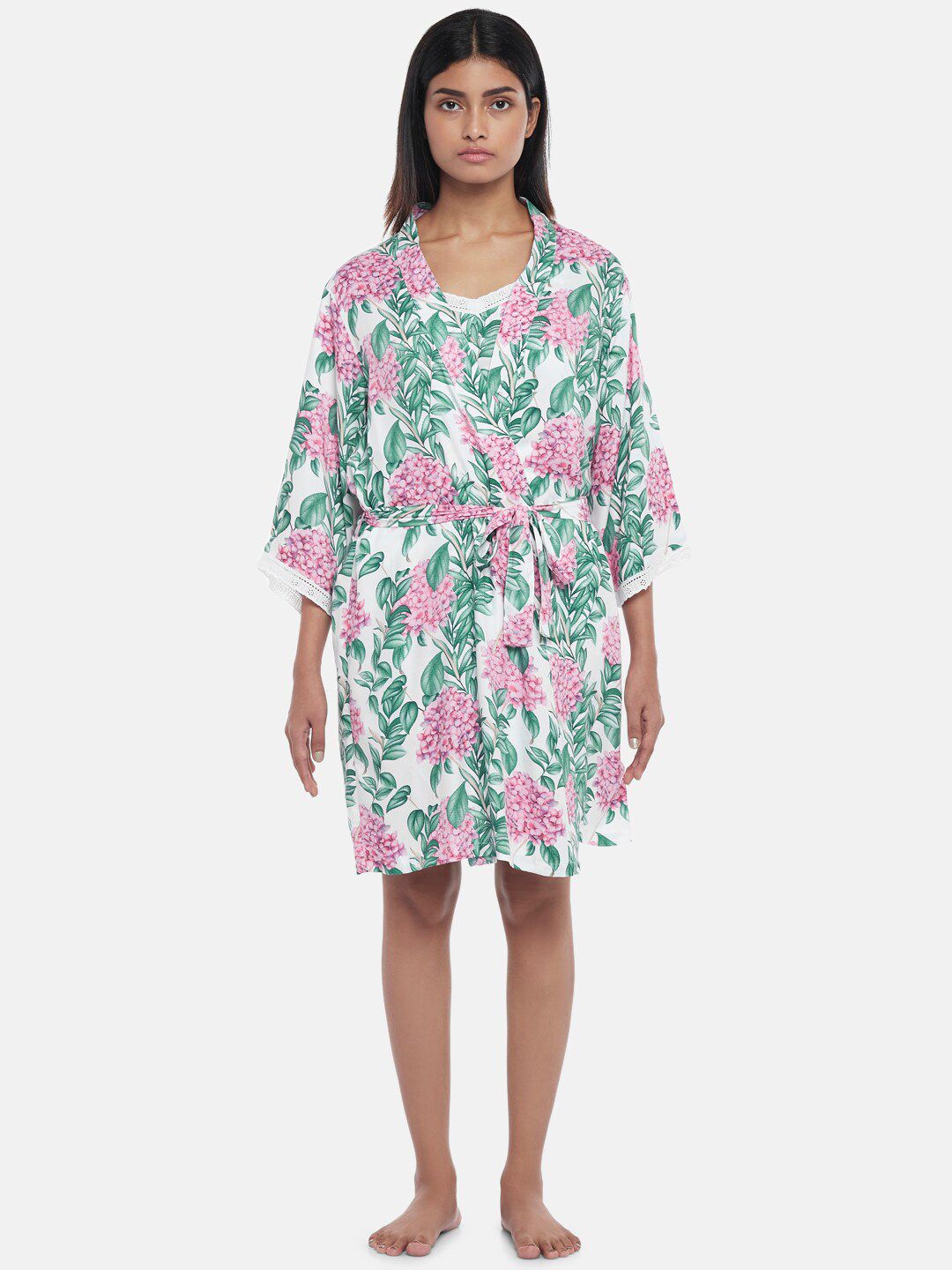 Dreamz by Pantaloons Off White & almost mauve Floral Print Kaftan Lounge tshirt Price in India