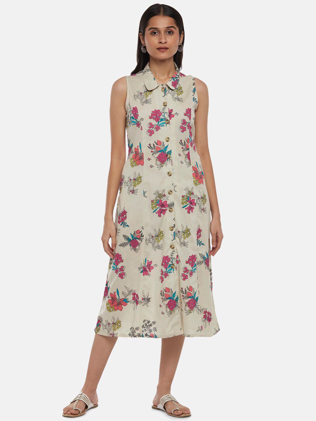 AKKRITI BY PANTALOONS Off White & hushed violet Floral A-Line Midi Dress Price in India