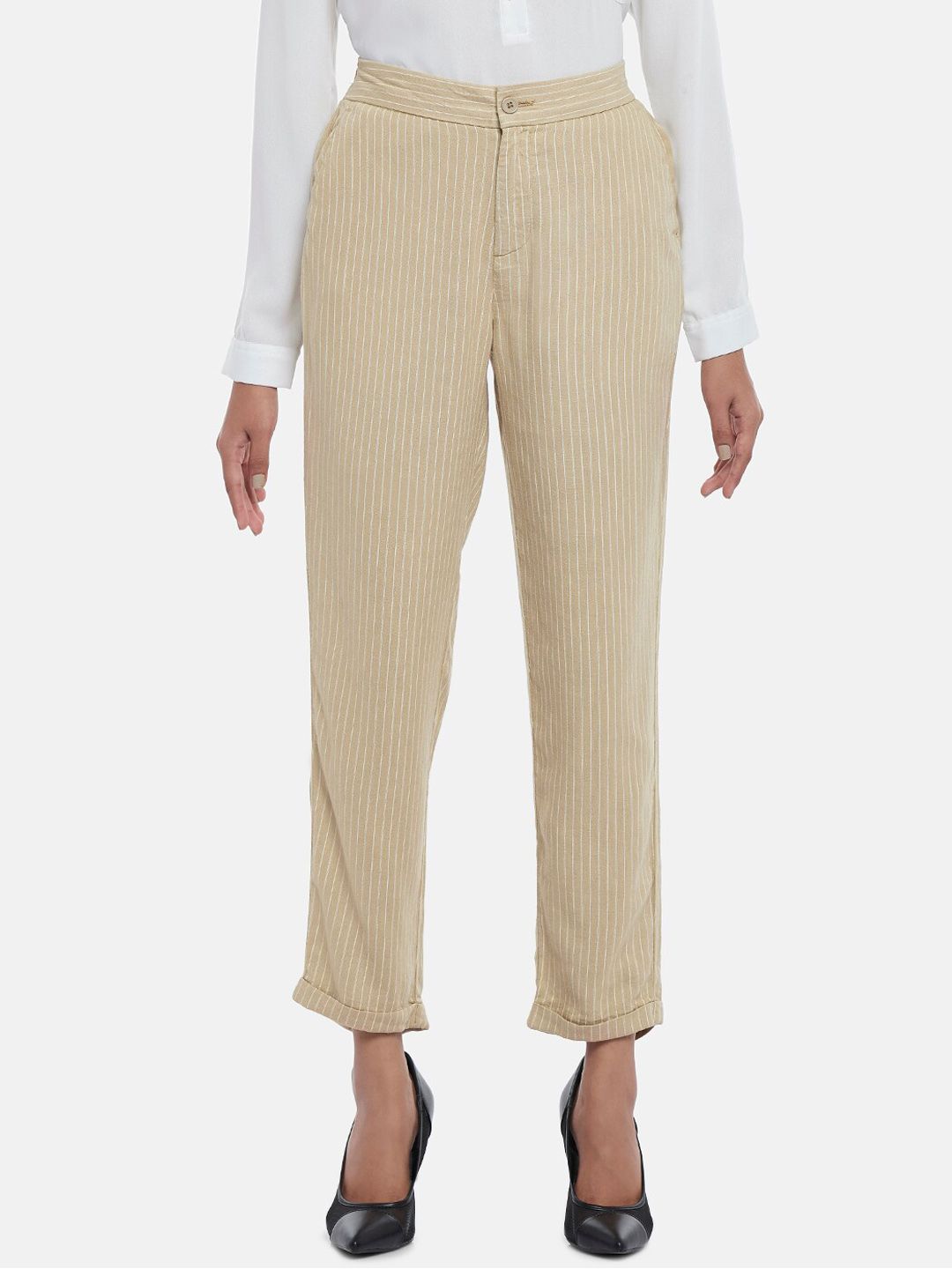 Annabelle by Pantaloons Women Beige Striped Trousers Price in India