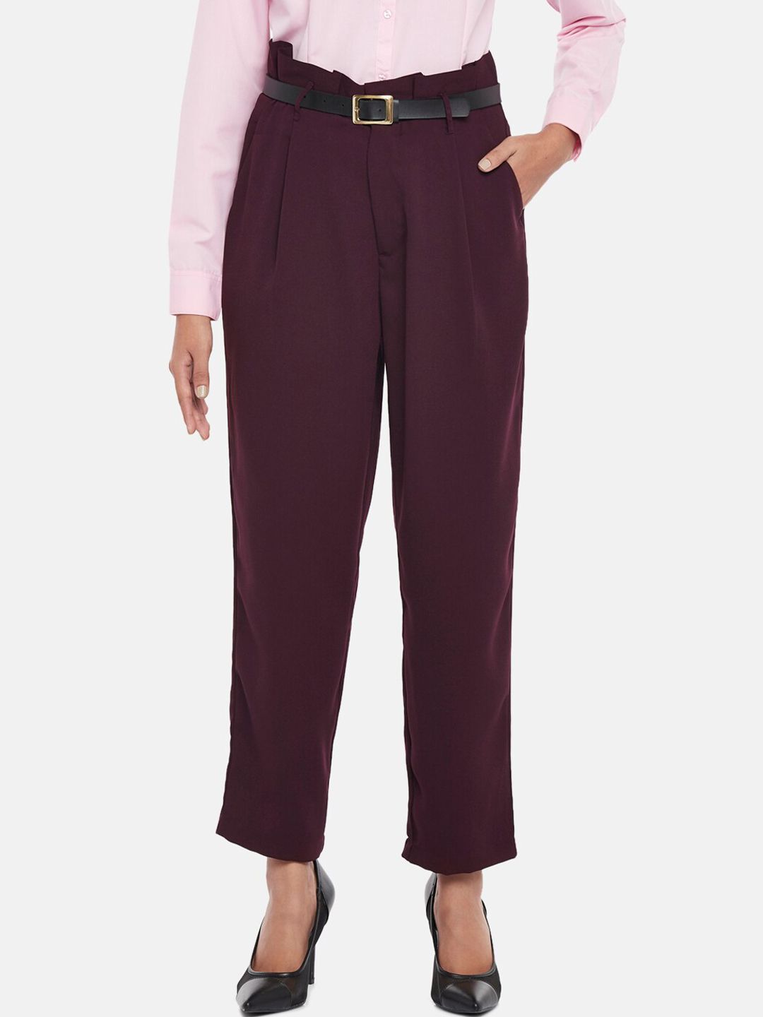 Annabelle by Pantaloons Women Maroon Tapered Fit High-Rise Pleated Trousers Price in India