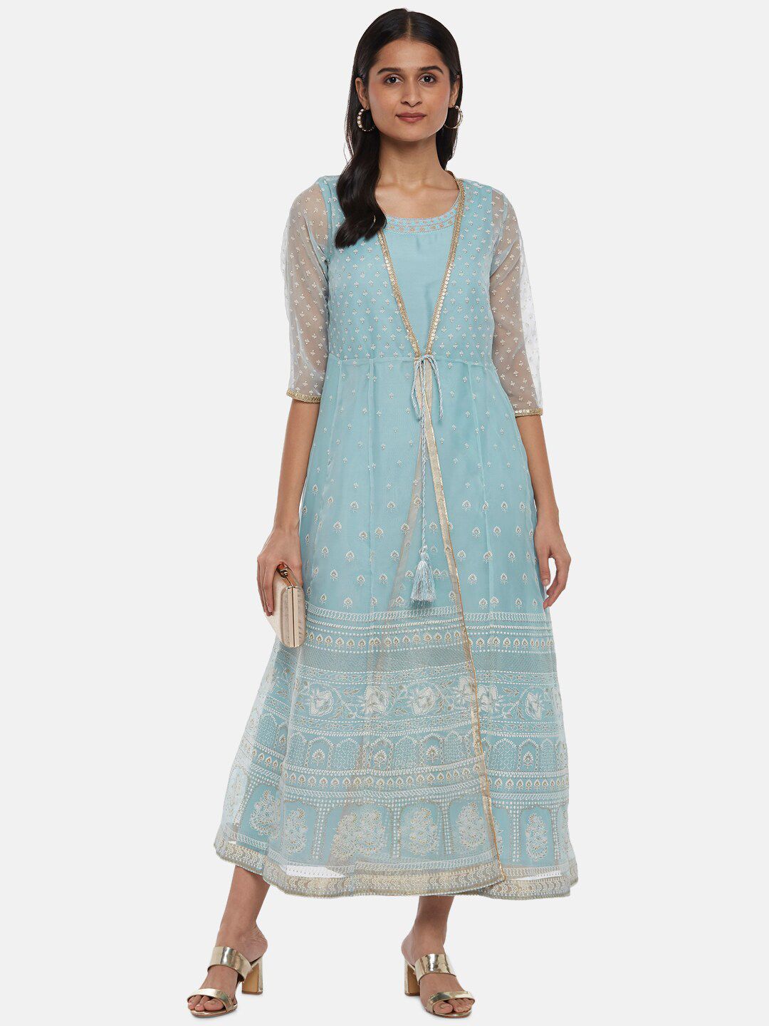 RANGMANCH BY PANTALOONS Blue Net Ethnic A-Line Maxi Dress Price in India