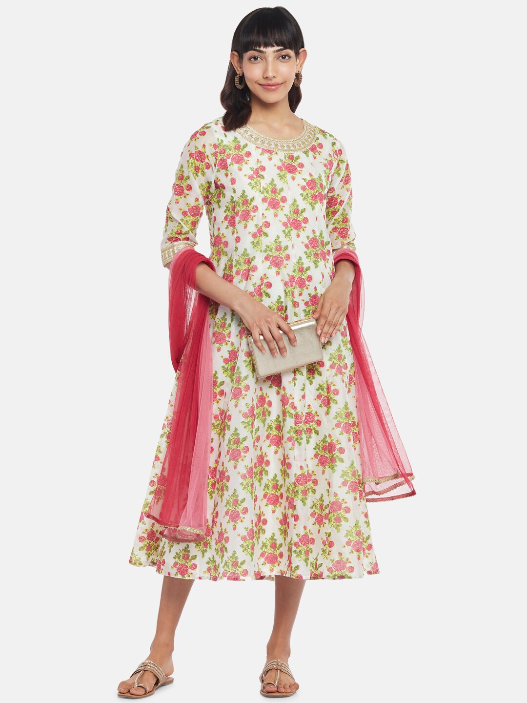 RANGMANCH BY PANTALOONS Pink & light gray Floral Ethnic Midi Dress Price in India