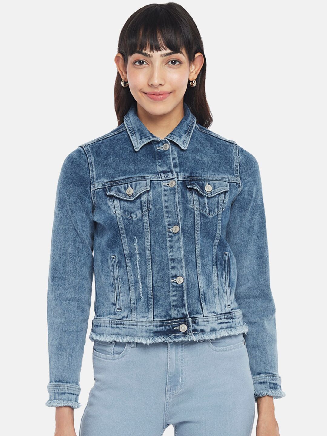 People Women Blue Washed Denim Jacket with Embroidered Price in India