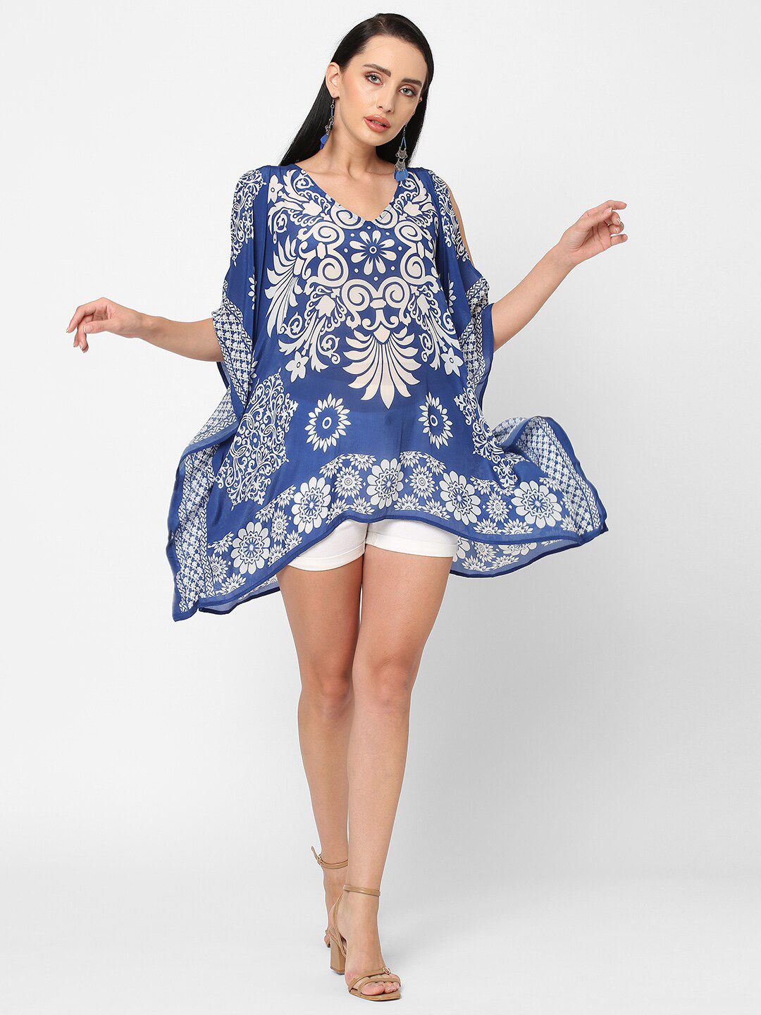 Cloth Haus India Blue & christmas silver Floral Print Kaftan Top