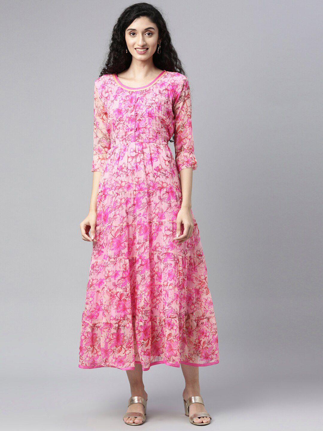 Souchii Pink & peaches n cream Floral Layered Chiffon Midi Dress Price in India