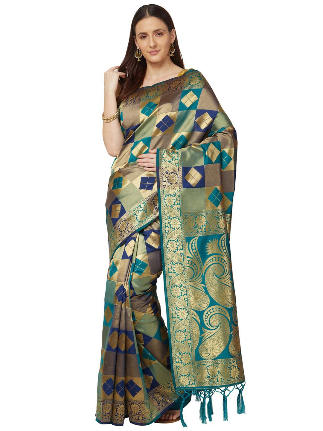 Varkala Silk Sarees Teal & Blue Checked Zari Art Silk Kanjeevaram Saree Price in India