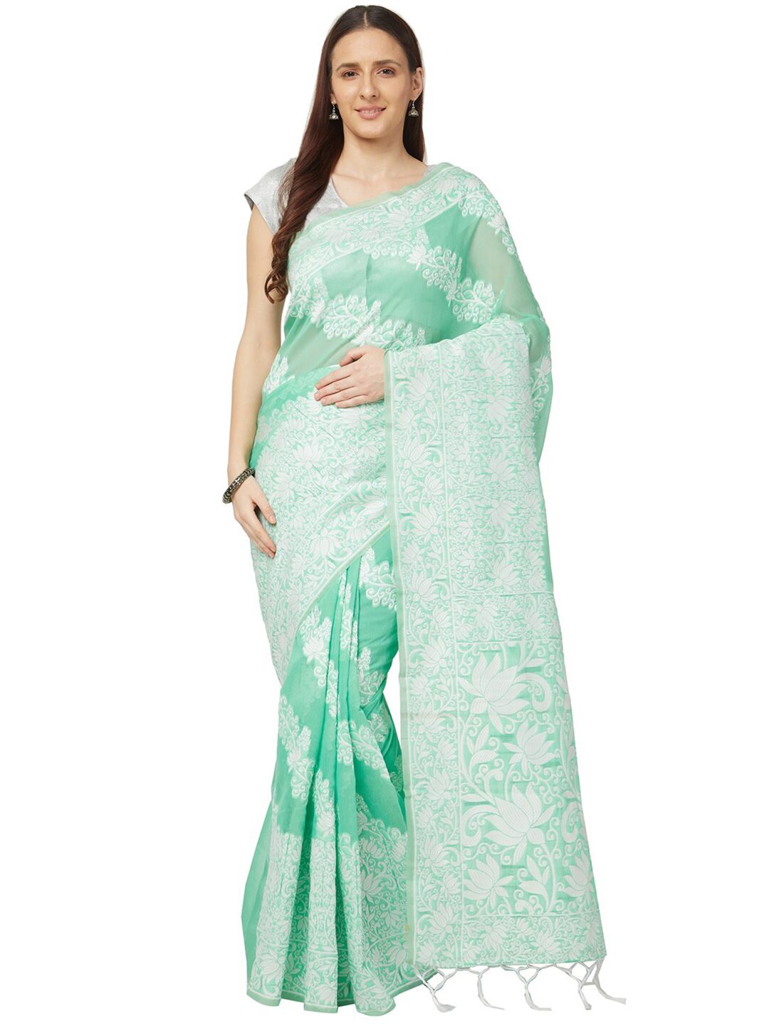 Varkala Silk Sarees Sea Green & Off White Woven Design Zari Jamdani Saree Price in India