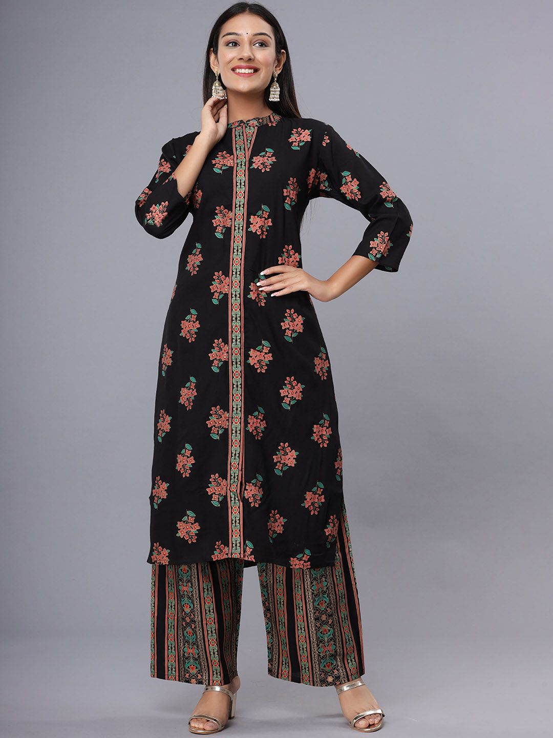 ADAA JAIPUR Women Black Ethnic Motifs Printed Kurta with Palazzos Price in India