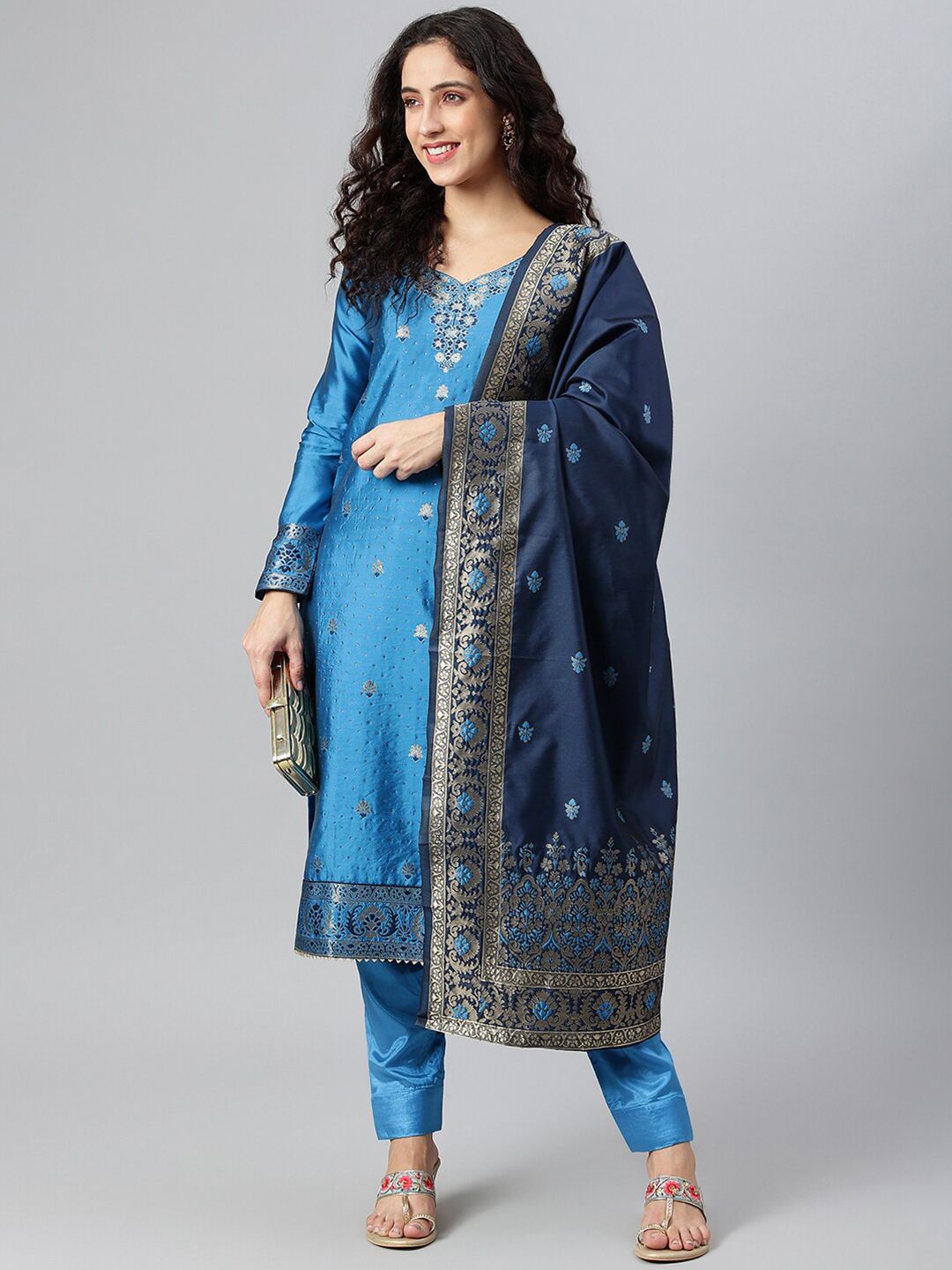 Lilots Turquoise Blue & Gold-Toned Unstitched Dress Material Price in India