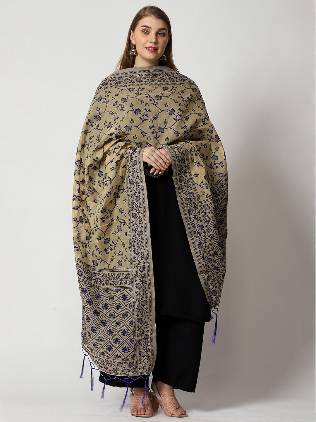 WEAVERS VILLA Blue & Beige Woven Design Dupatta Price in India