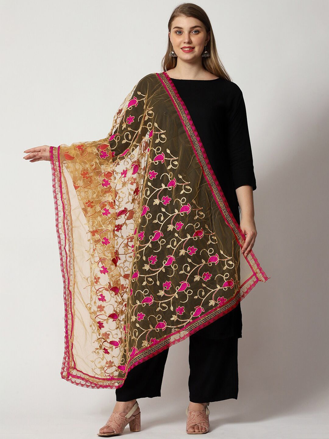 WEAVERS VILLA Pink & Gold-Toned Embroidered Dupatta Price in India