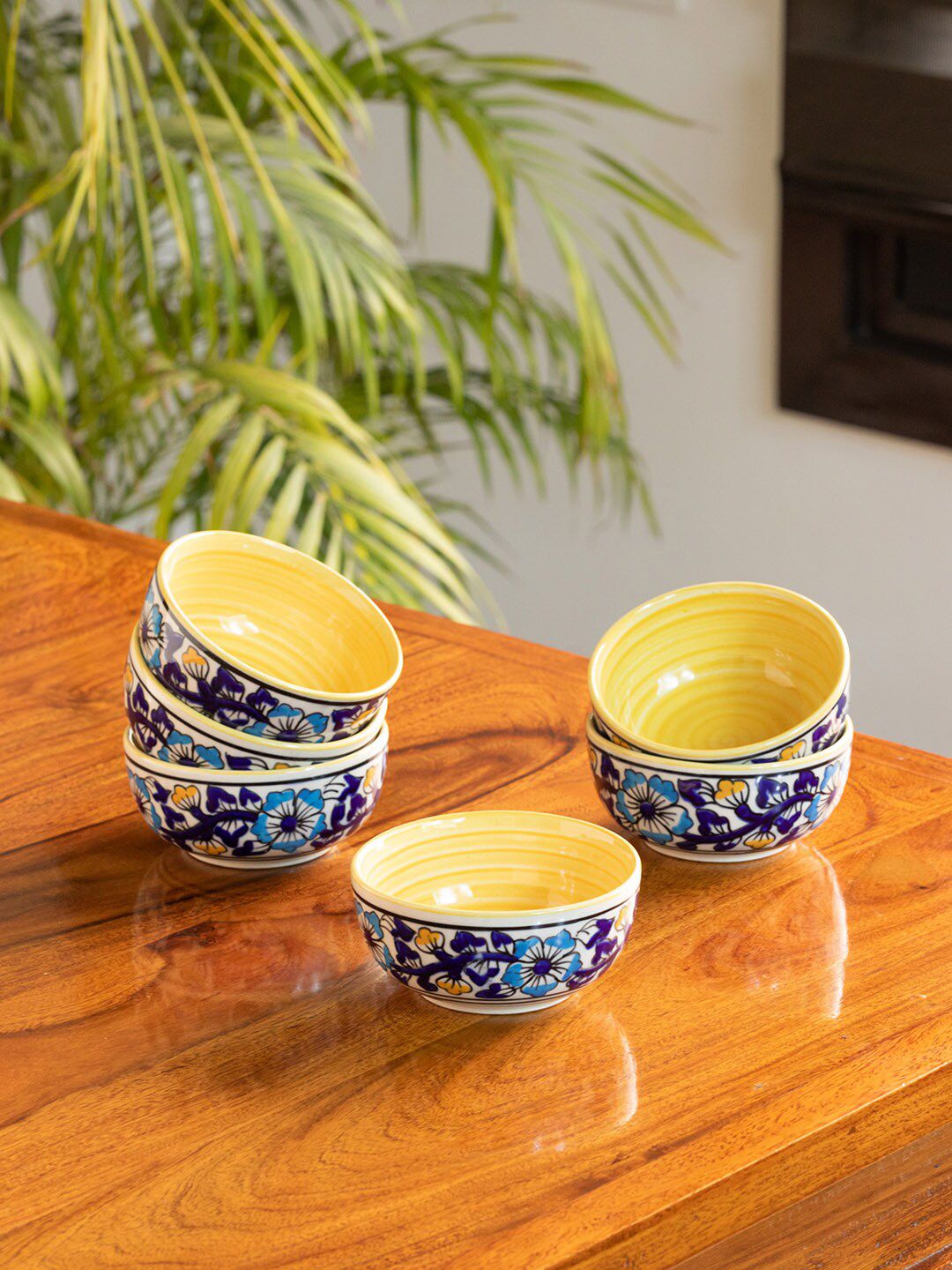 ExclusiveLane Navy Blue & Yellow 6 Pieces Floral Printed Ceramic Glossy Bowls Price in India