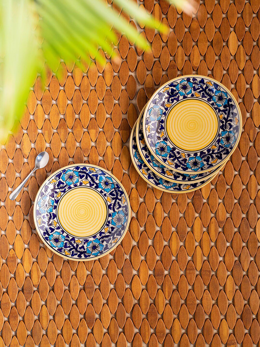 ExclusiveLane Navy Blue & Yellow 4 Pieces Floral Printed Ceramic Glossy Plates Price in India