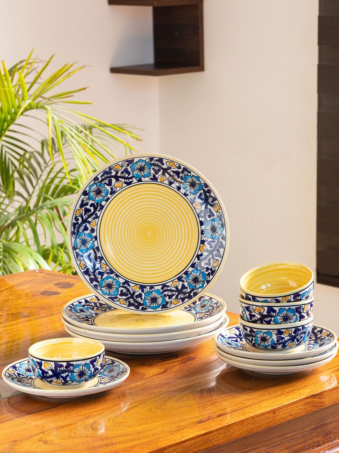 ExclusiveLane Navy Blue & Yellow 12 Pieces Floral Printed Ceramic Glossy Dinner Set Price in India