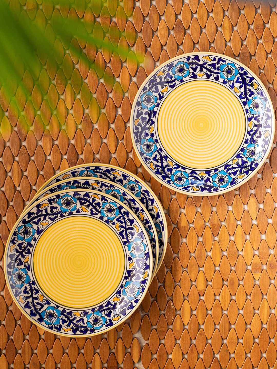 ExclusiveLane Navy Blue & Yellow 4 Pieces Floral Printed Ceramic Glossy Plates Price in India