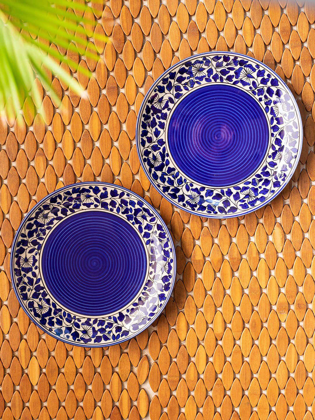 ExclusiveLane Navy Blue & White 2 Pieces Floral Printed Ceramic Glossy Plates Price in India