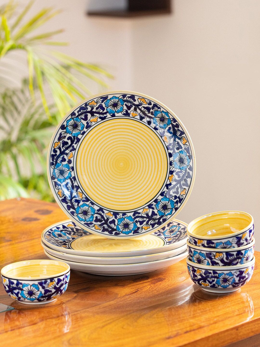 ExclusiveLane Navy Blue & Yellow 8 Pieces Floral Printed Ceramic Glossy Dinner Set Price in India