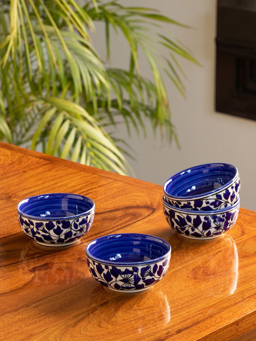 ExclusiveLane Navy Blue & White 4 Pieces Floral Printed Ceramic Glossy Bowls Price in India